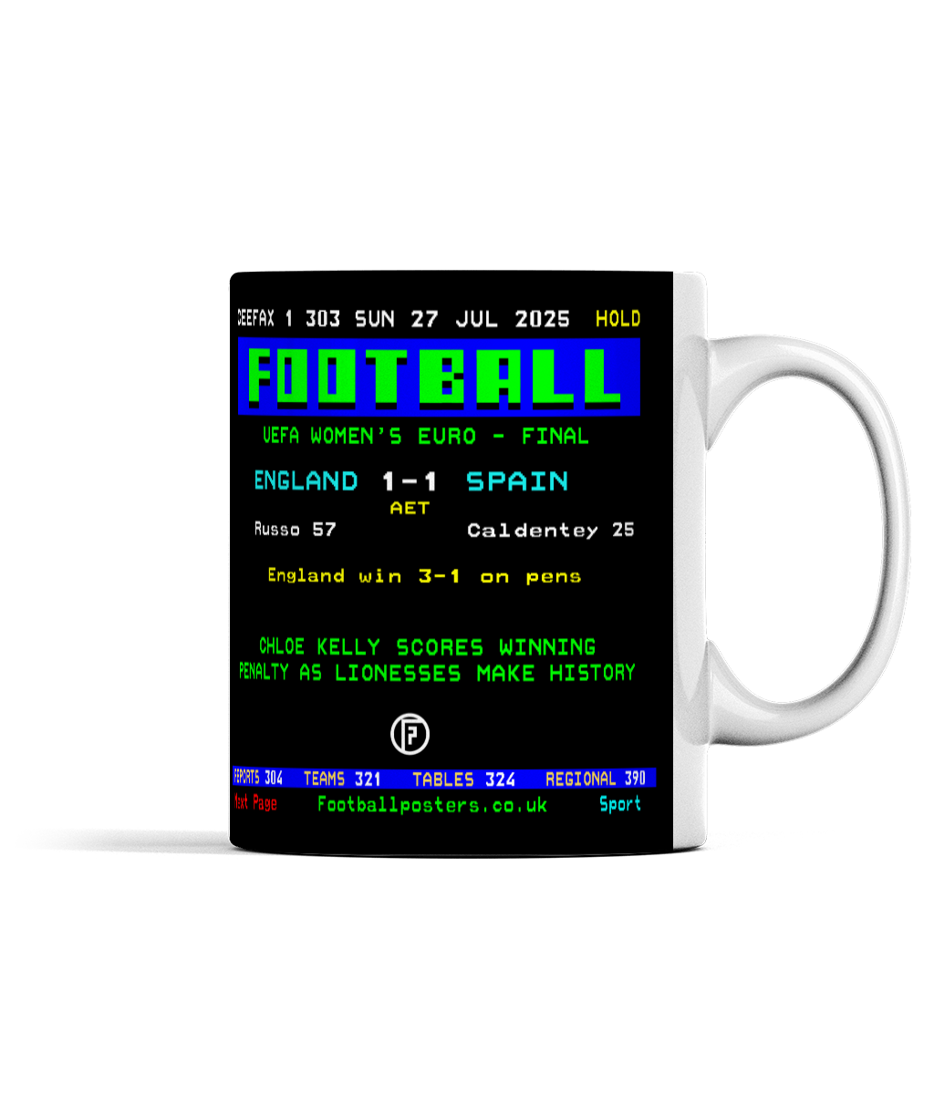 England Women's Euro 2025 Winners | Ceefax-Inspired Mug - Football Posters