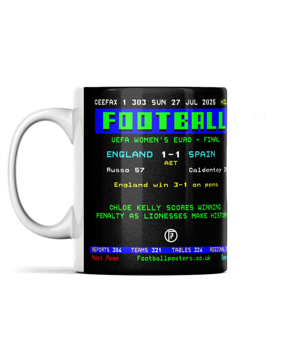 England Women's Euro 2025 Winners | Ceefax-Inspired Mug - Football Posters