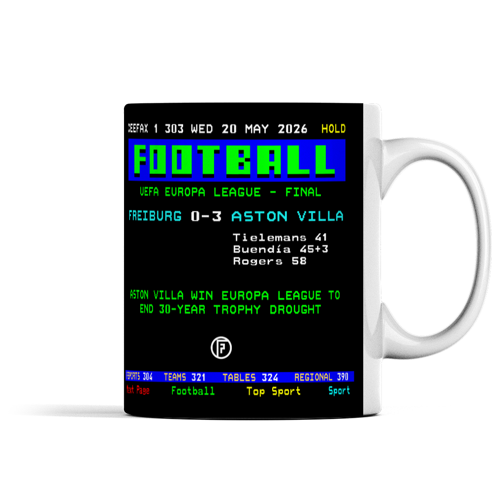 Aston Villa Mug with digital display design featuring sports text and graphics on a white background