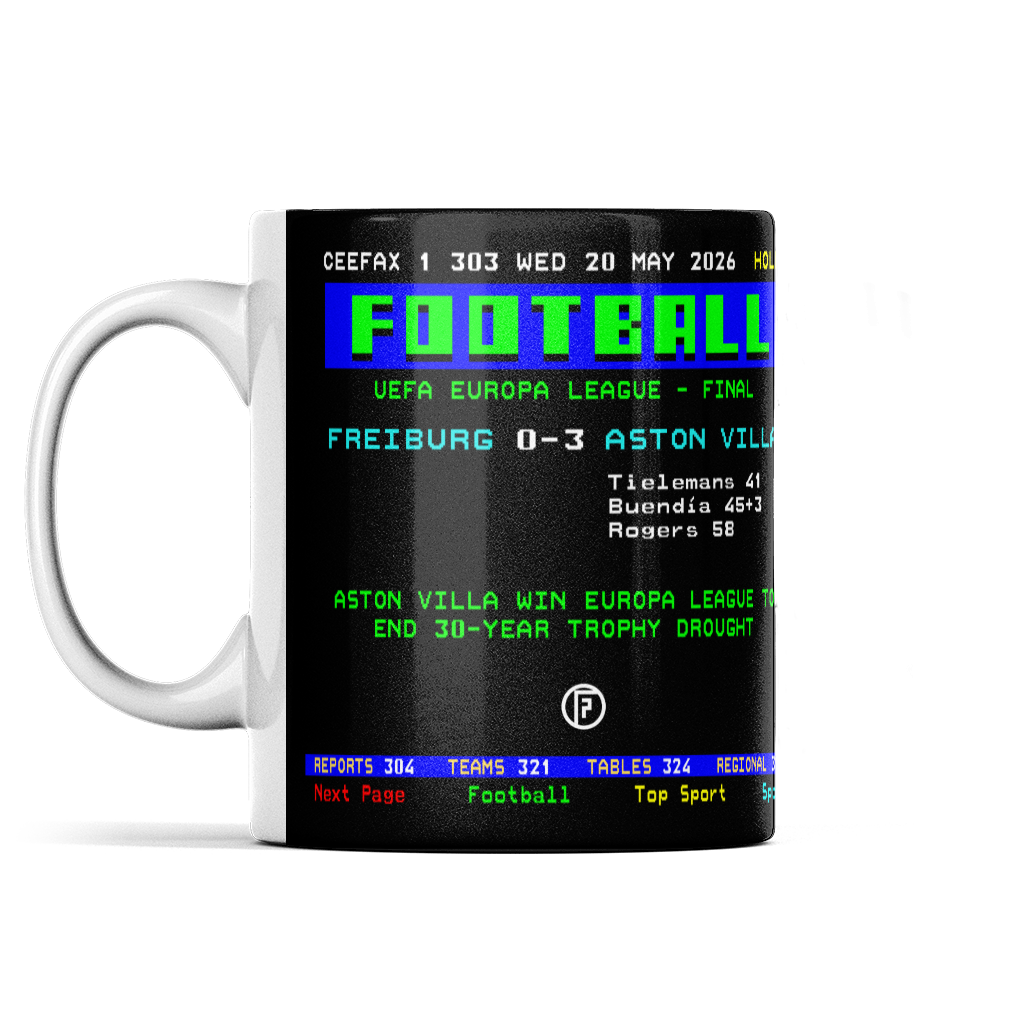 Aston Villa Europa Mug with digital sports score display on a white background
