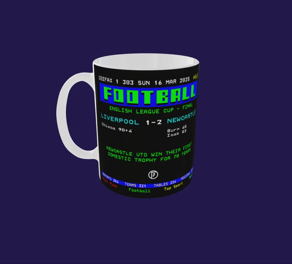 Newcastle 2025 League Cup Winners | Ceefax-Inspired Mug