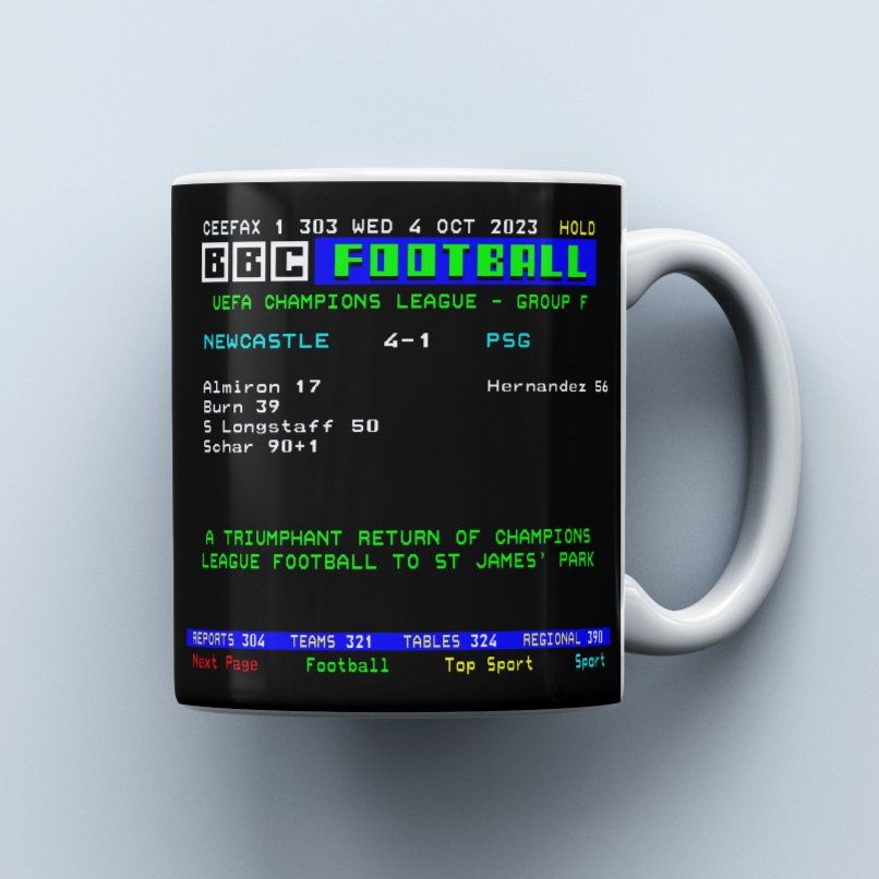 Newcastle Utd 4 - 1 PSG | Ceefax-Inspired Mug - Football Posters - Mugs