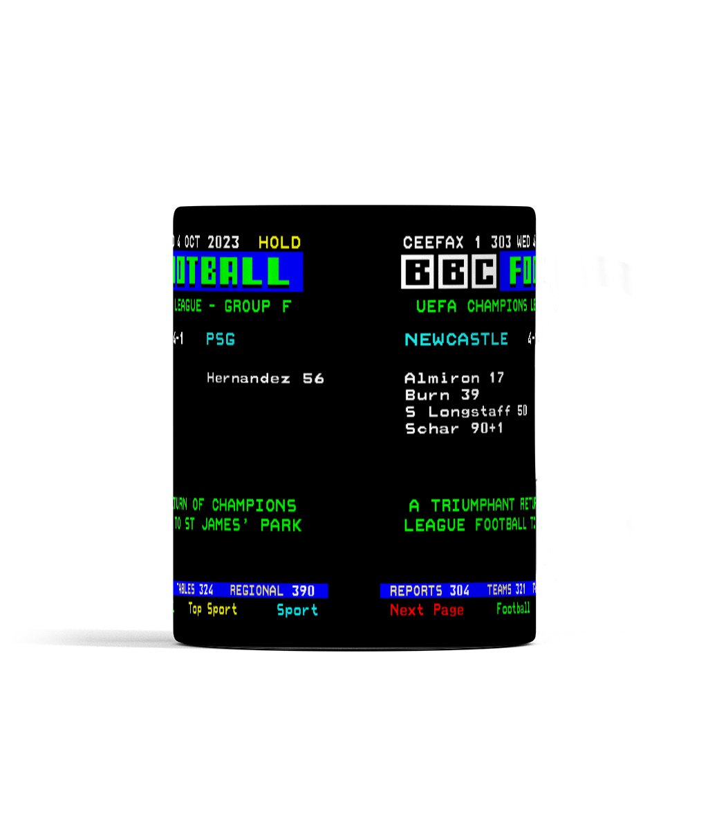 Newcastle Utd 4 - 1 PSG | Ceefax-Inspired Mug - Football Posters - Mugs